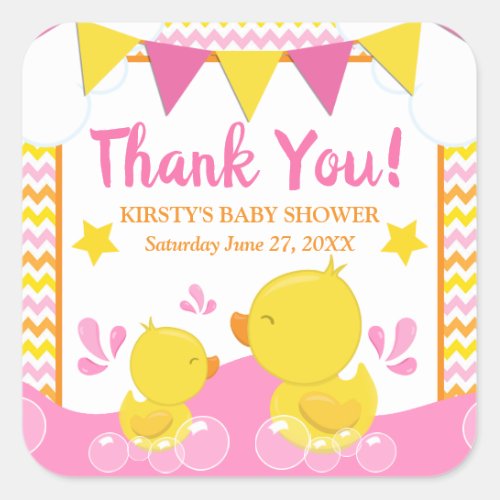 Yellow  Pink Rubber Ducky Polka Dot Baby Shower Square Sticker