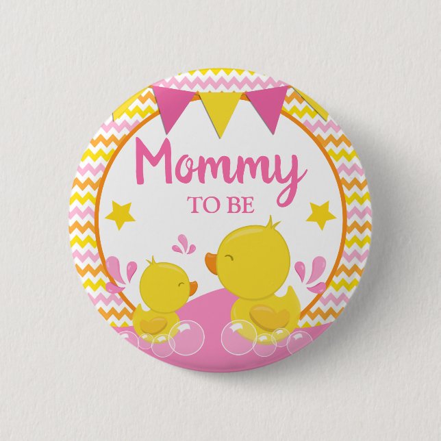 Yellow & Pink Rubber Ducky Polka Dot Mommy to be Button (Front)