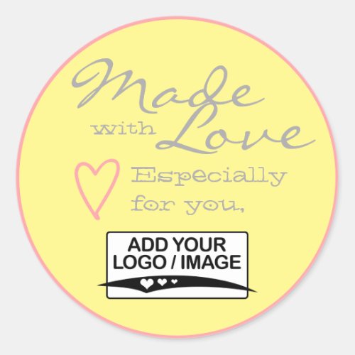 Yellow Pink Simple Made with Love Logo Template  Classic Round Sticker