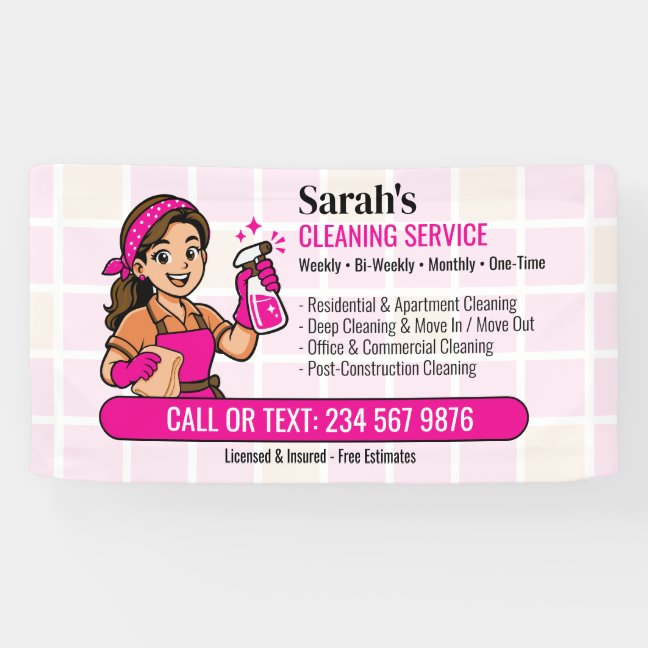 Yellow Pink Spray Bottle Maid Tile House Cleaning Banner