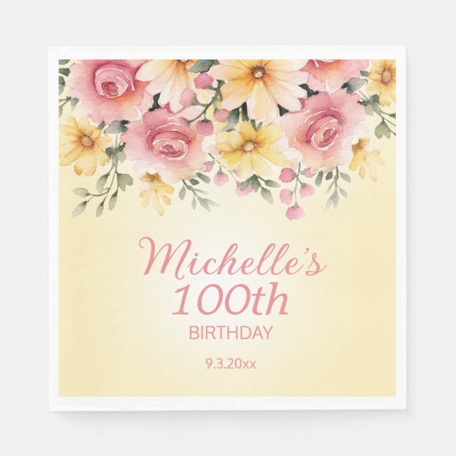 Yellow Pink Springtime Floral 100th Birthday Napkins (Front)