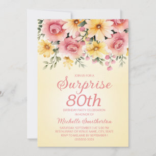 Yellow Pink Springtime Floral Surprise 80th  Invitation