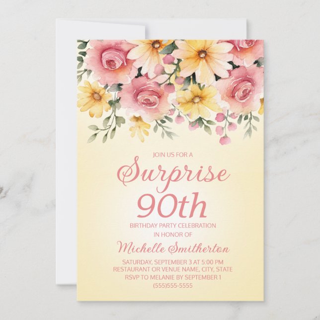 Yellow Pink Springtime Floral Surprise 90th  Invitation (Front)