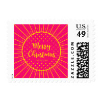 Yellow Pink Starburst Script Merry Christmas Postage
