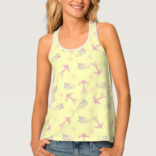 Yellow Pink Swallow Floral Pattern Casual Women's Tank Top (Front)