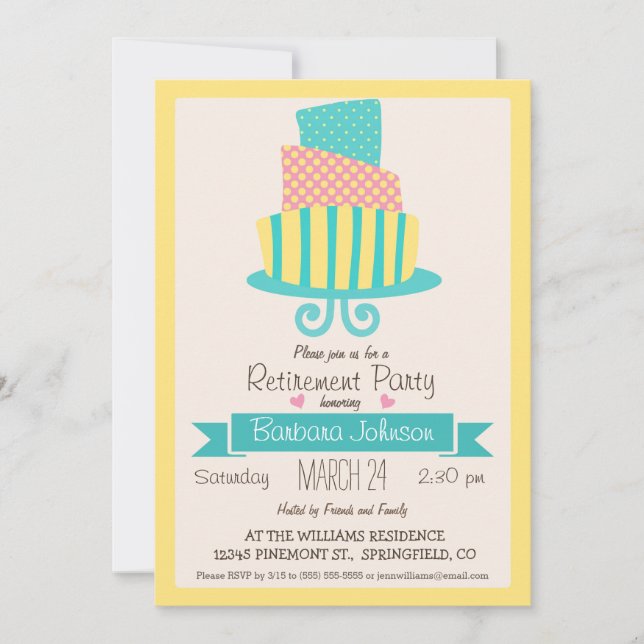 Yellow, Pink, & Turquoise Cake Retirement Party Invitation (Front)
