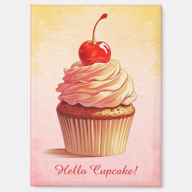 Yellow Pink Vintage Style Cherry Cupcake  Magnet (Front)
