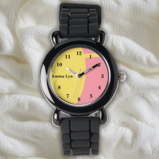 Yellow Pink Watch with Name and Clear Numbers