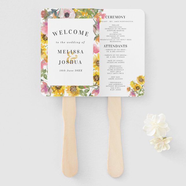Yellow & Pink Watercolor Floral Wedding Program Hand Fan (Front and Back)