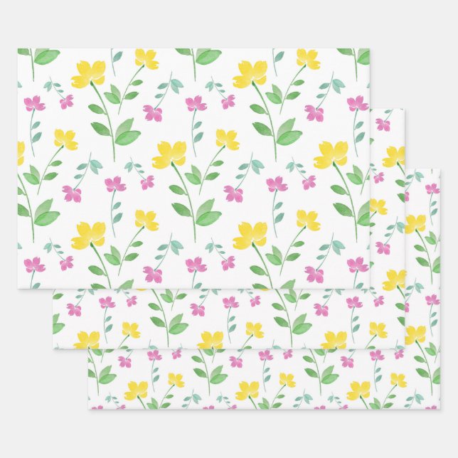Yellow Pink Watercolor Flower Stem Pattern   Wrapping Paper Sheets (Set)