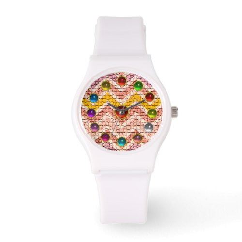 YELLOW PINK WHITE CHEVRONS AND COLORFUL GEMSTONES WATCH