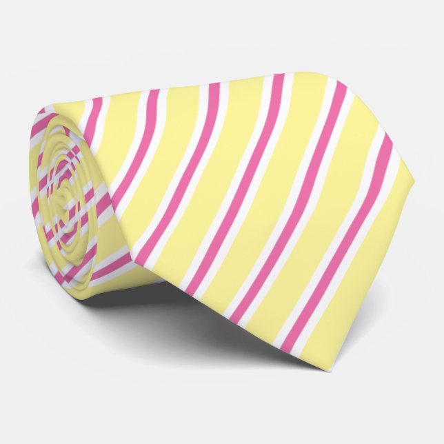Yellow, Pink & White Diagonal Striped Neck Tie (Rolled)