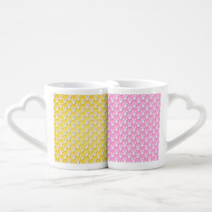 YELLOW & PINK WITH CUTE WHITE BUNNY HEADS COFFEE MUG SET