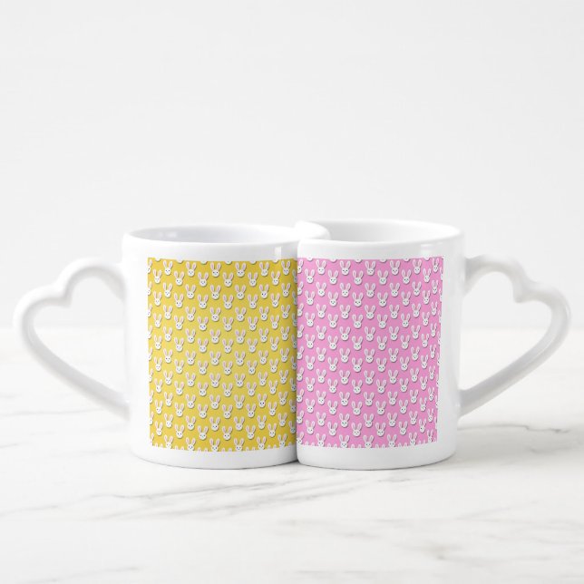 YELLOW & PINK WITH CUTE WHITE BUNNY HEADS COFFEE MUG SET (Front Nesting)