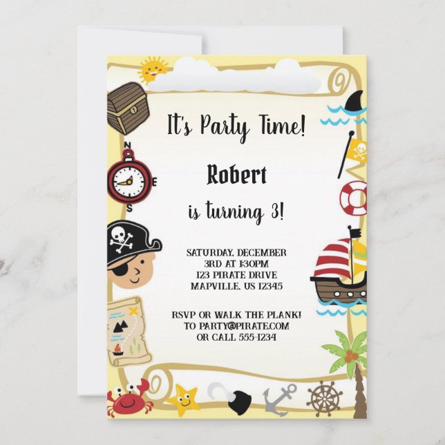yellow pirate birthday for boy  invitation (Front)