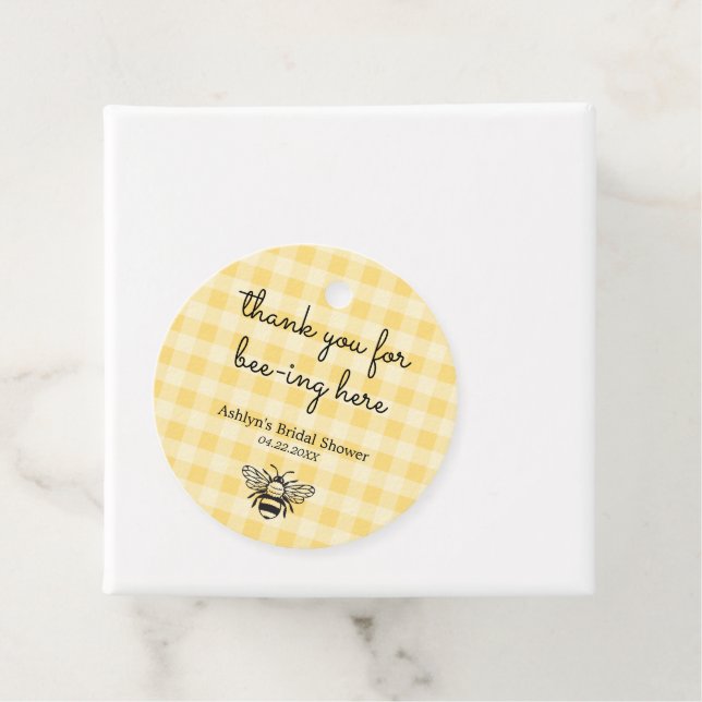 Yellow Plaid Bee Bridal Shower Gift Tag (In Situ)