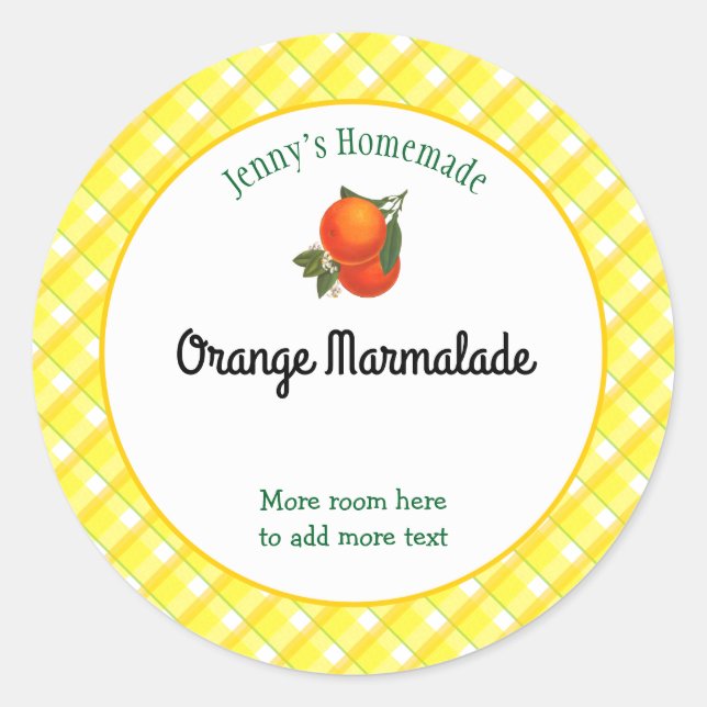 Yellow Plaid Checks Editable Orange Recipe Classic Round Sticker (Front)