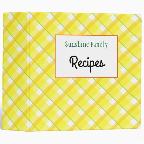 Yellow Plaid Checks Editable Recipe 3 Ring Binder