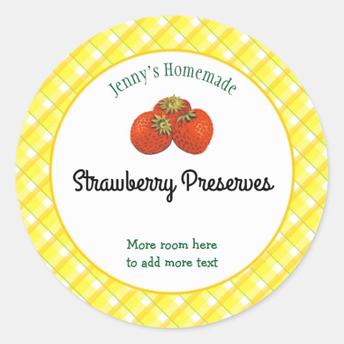Yellow Plaid Checks Editable Strawbery Recipe Classic Round Sticker