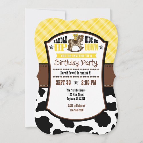Yellow Plaid Cowhide Cowboy Birthday Invite