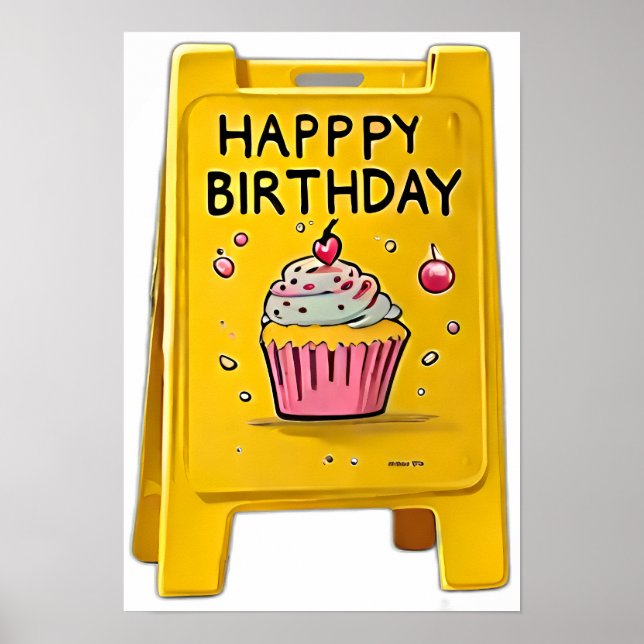 Yellow plastic floor happy birthday sign  (Front)