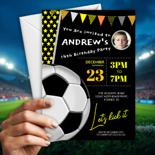 Yellow Playfful Soccer Birthday Photo Invitation