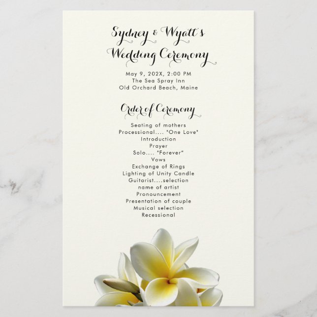 Yellow Plumeria Flowers Flat Wedding Program (Front)