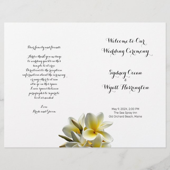Yellow Plumeria Flowers Folded Wedding Program (Front)