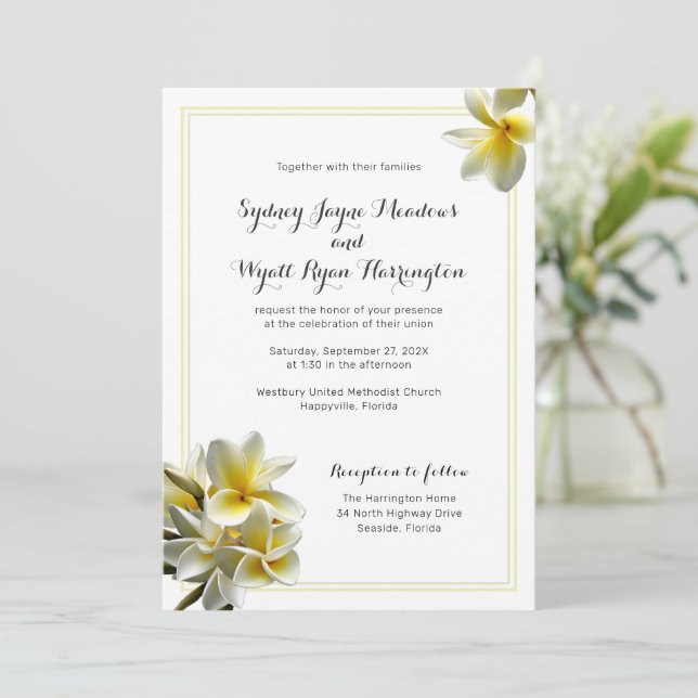 Yellow Plumeria Flowers Wedding Ceremony Invitation (Standing Front)