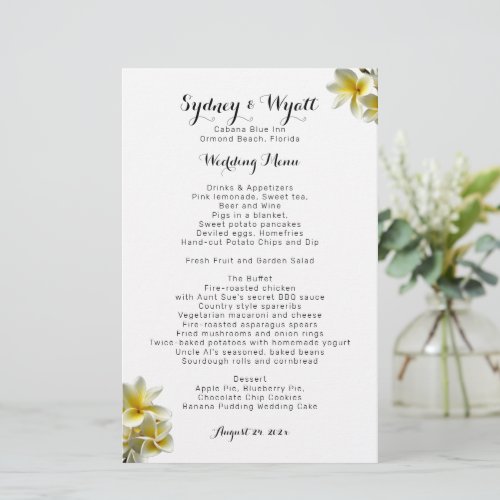 Yellow Plumeria Flowers Wedding Menu Template