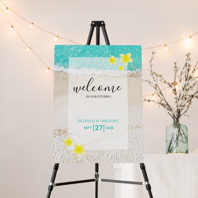 Yellow Plumeria Frangipani Beach Wedding Welcome Foam Board (In Situ (Stand))