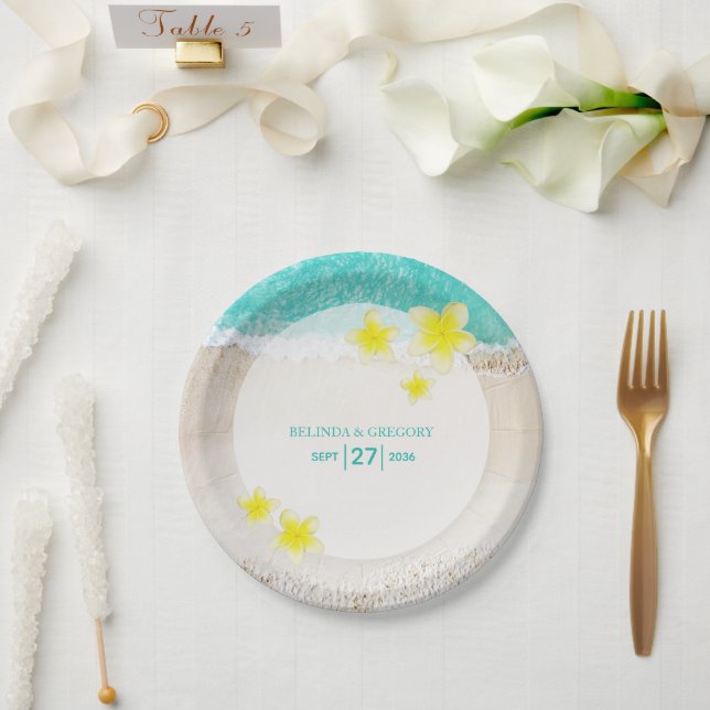 Yellow Plumeria Frangipani Tropical Beach Wedding  Paper Plates (Wedding)