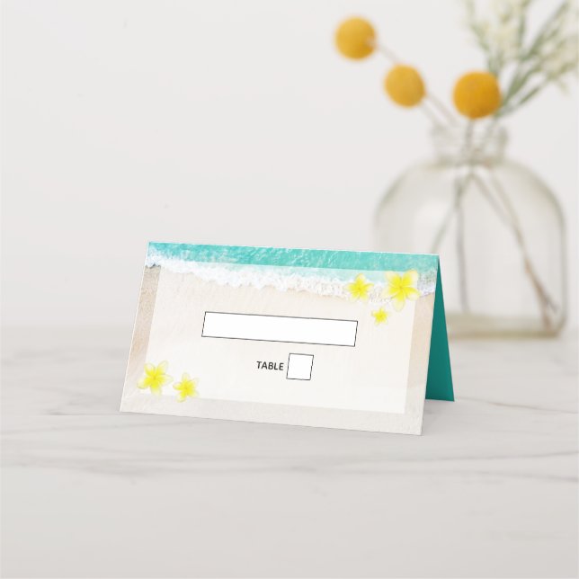 Yellow Plumeria Frangipani Tropical Beach Wedding Place Card (Front)