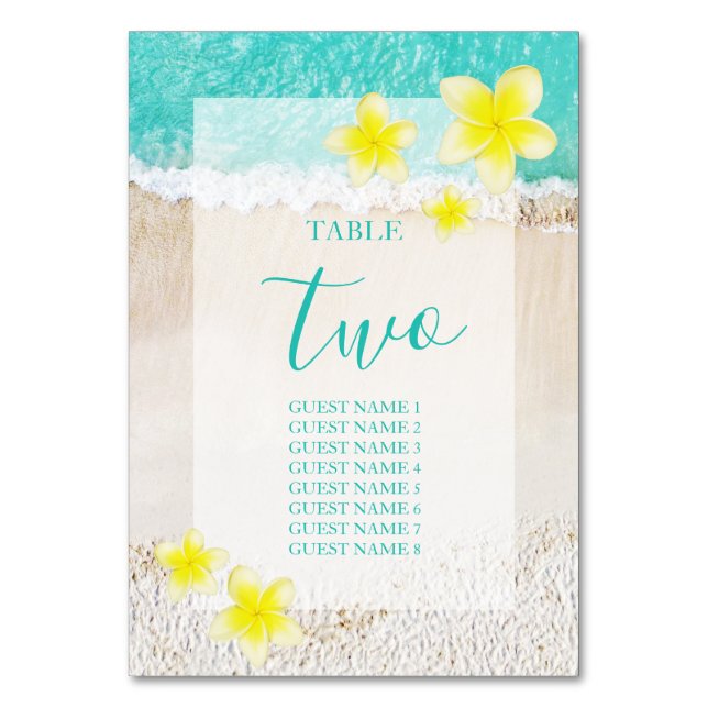 Yellow Plumeria Frangipani Tropical Beach Wedding Table Number (Front)