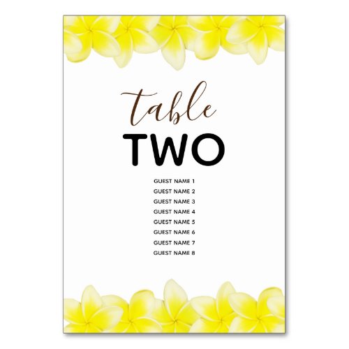 Yellow Plumeria Frangipani Wedding Guest Names Table Number