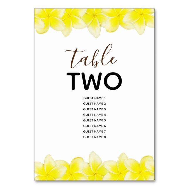 Yellow Plumeria Frangipani Wedding Guest Names Table Number (Back)