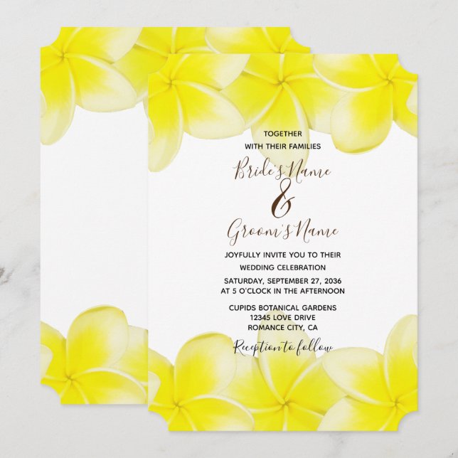 Yellow Plumeria Frangipani Wedding Invitations (Front/Back)