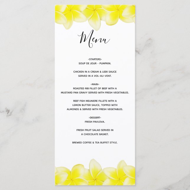 Yellow Plumeria Frangipani Wedding  Menu (Front)