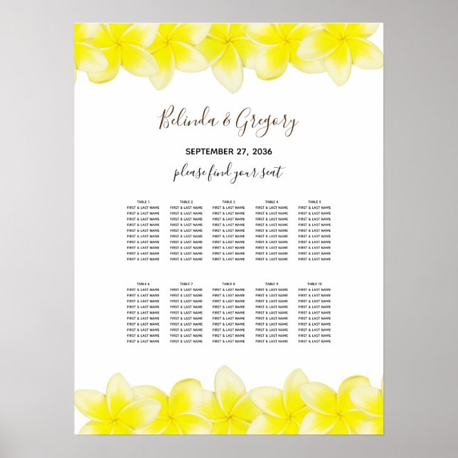 Yellow Plumeria Frangipani Wedding Seating Chart (Front)
