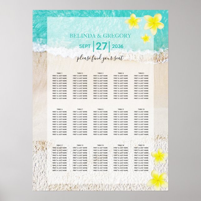 Yellow Plumeria Frangipani Wedding Seating Chart (Front)