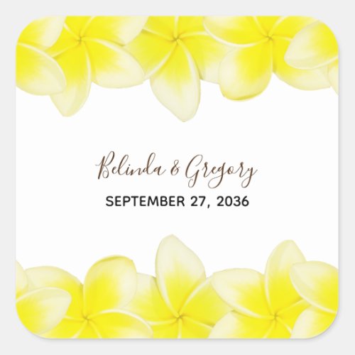 Yellow Plumeria Frangipani Wedding Square Sticker