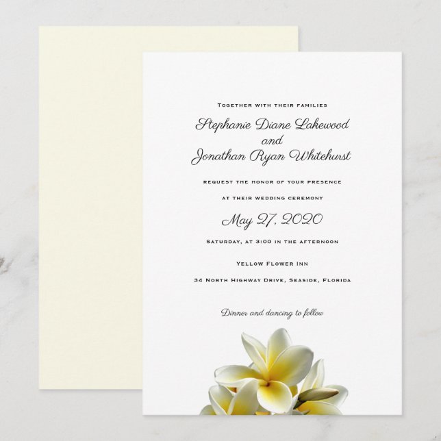 Yellow Plumeria Hawaiian Wedding Invitation (Front/Back)