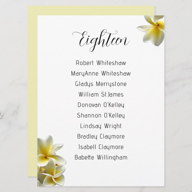 Yellow Plumeria Wedding Seating Table Number List (Front/Back)