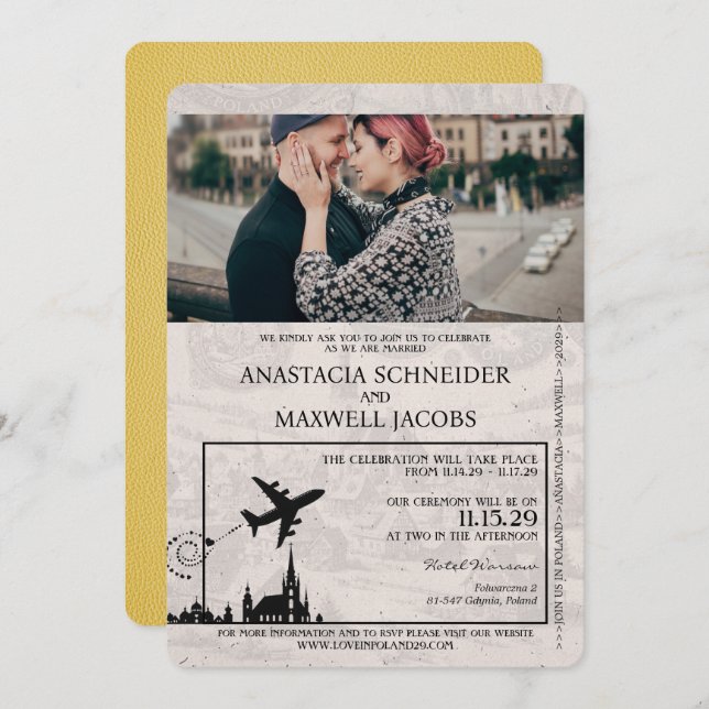 Yellow Poland Passport Wedding Invitation (Front/Back)