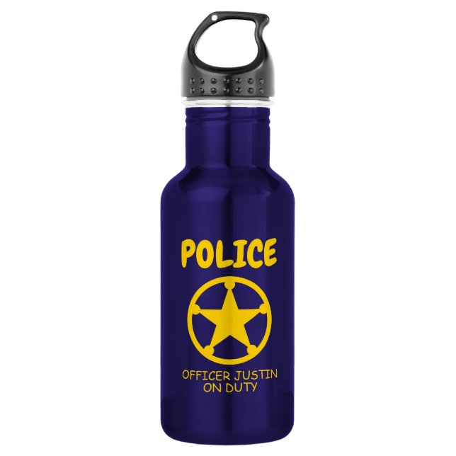 Yellow police star personalized kid's water bottle (Front)