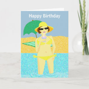 Yellow polka dot bikini beach birthday girl card
