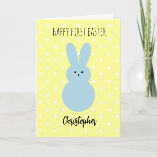 Yellow Polka Dot Blue Bunny First Easter Card