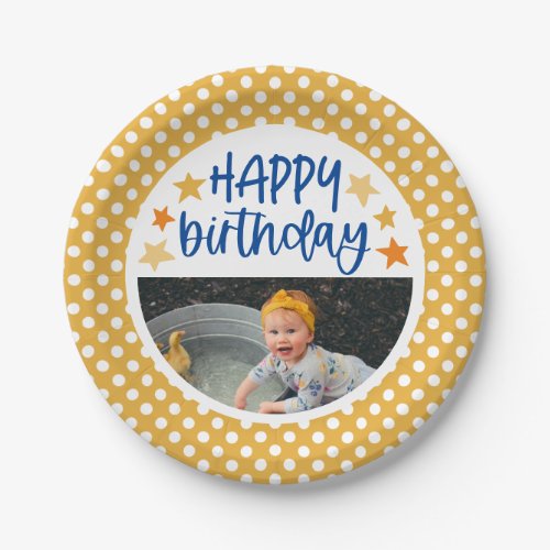 Yellow Polka Dot Blue Happy Birthday Photo Paper Plates