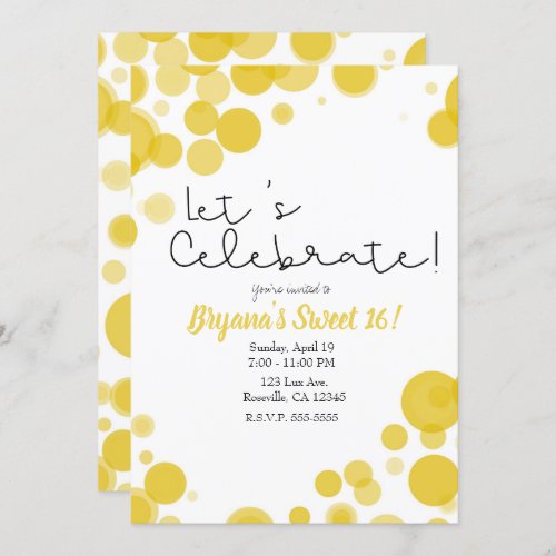 Yellow Polka Dot Bubbles Lets Celebrate Party Invitation