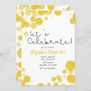 Yellow Polka Dot Bubbles Let's Celebrate Party Invitation